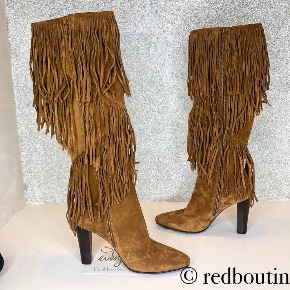 Saint Laurent Tan Suede Fringe Knee-High Heeled Boots - Picture 2 of 8